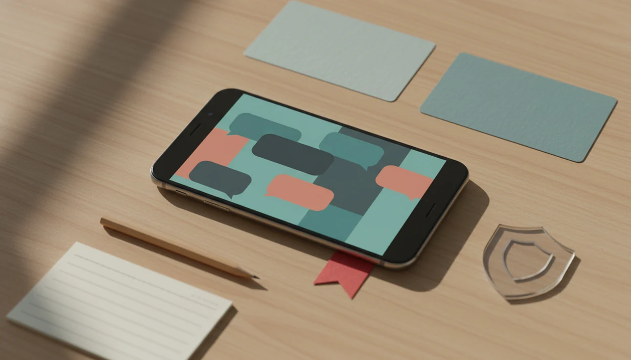 An Android phone on a desk with abstract chat, dating, and safety objects around it.