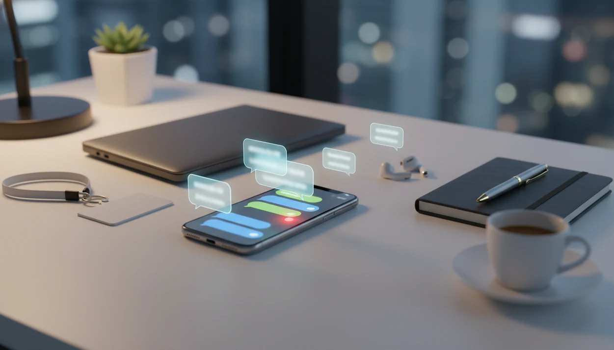 A professional desk with a phone, work items, and abstract AI dating reply suggestions.