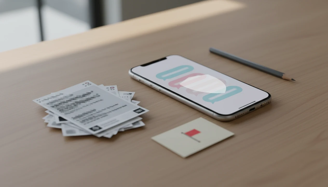 An iPhone on a desk with blurred chat screenshots, a pencil, and subtle safety cues for dating app replies.