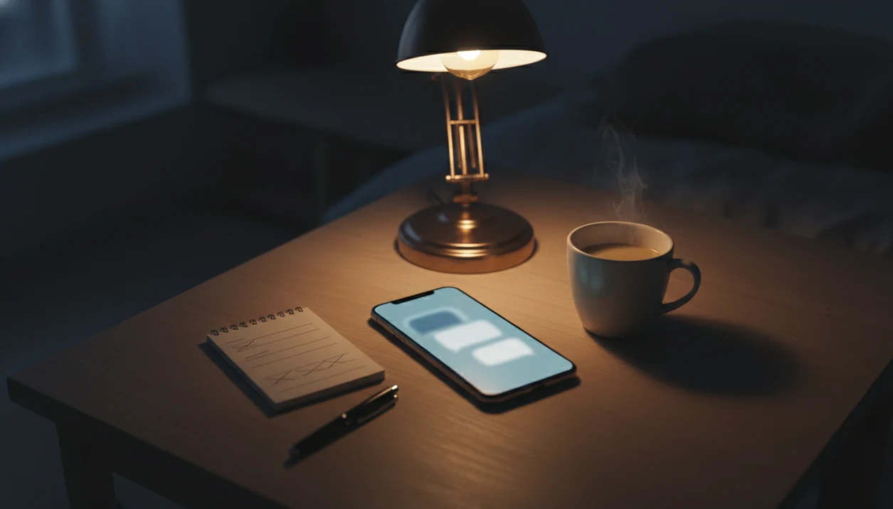 A quiet desk with a glowing phone, notebook, pen, and warm lamp suggests thoughtful dating app replies.