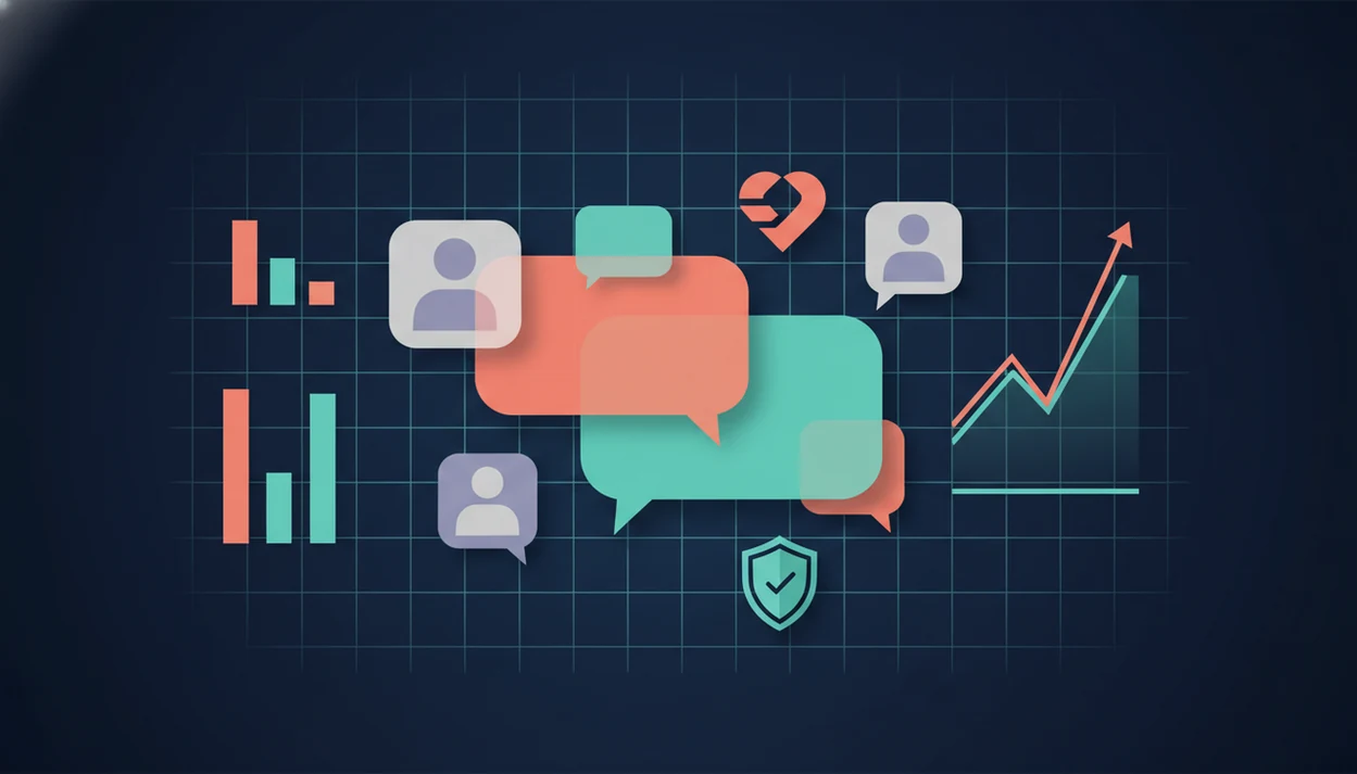 Abstract dating analytics illustration with chat bubbles, profile cards, charts, a heart, and a safety shield.