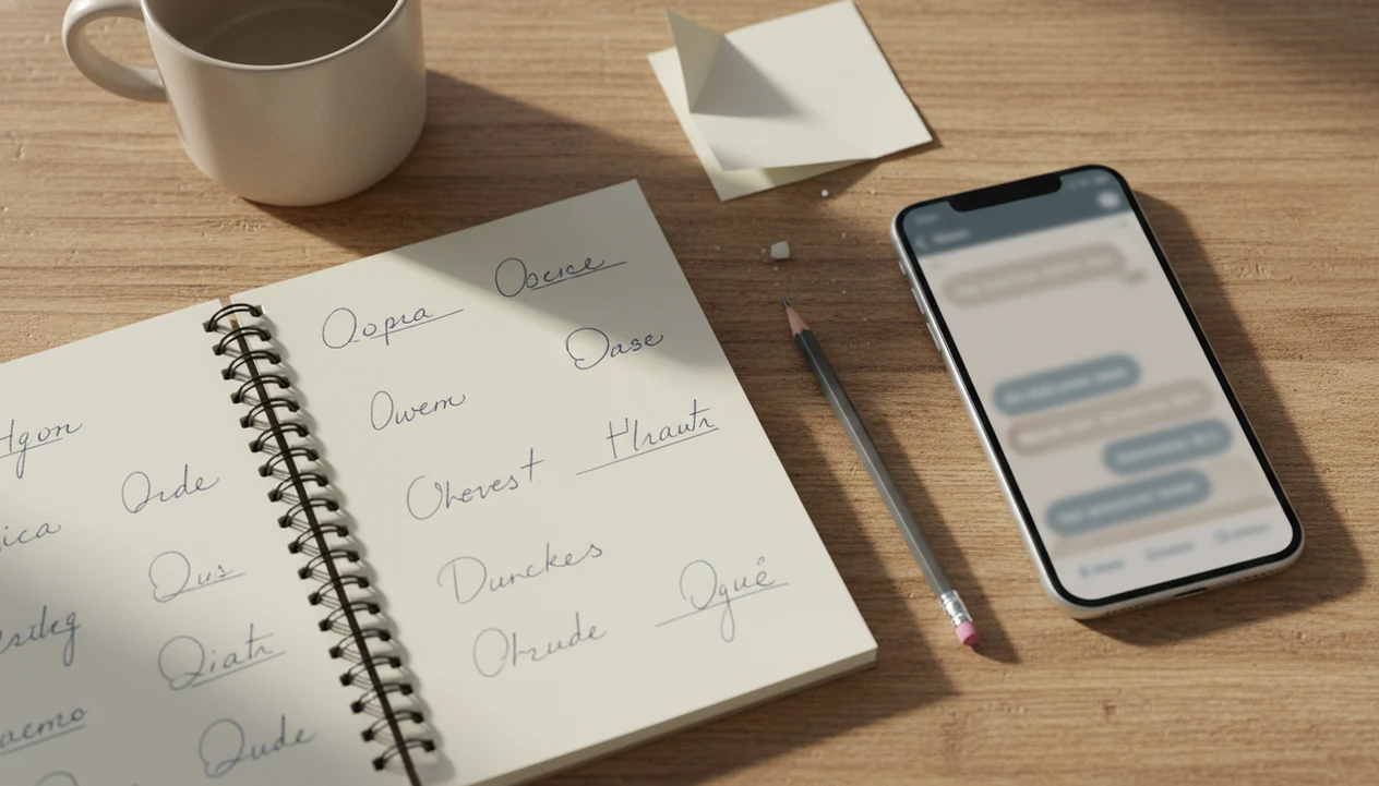 A notebook draft beside a phone suggests editing AI dating messages to keep a real personal voice.