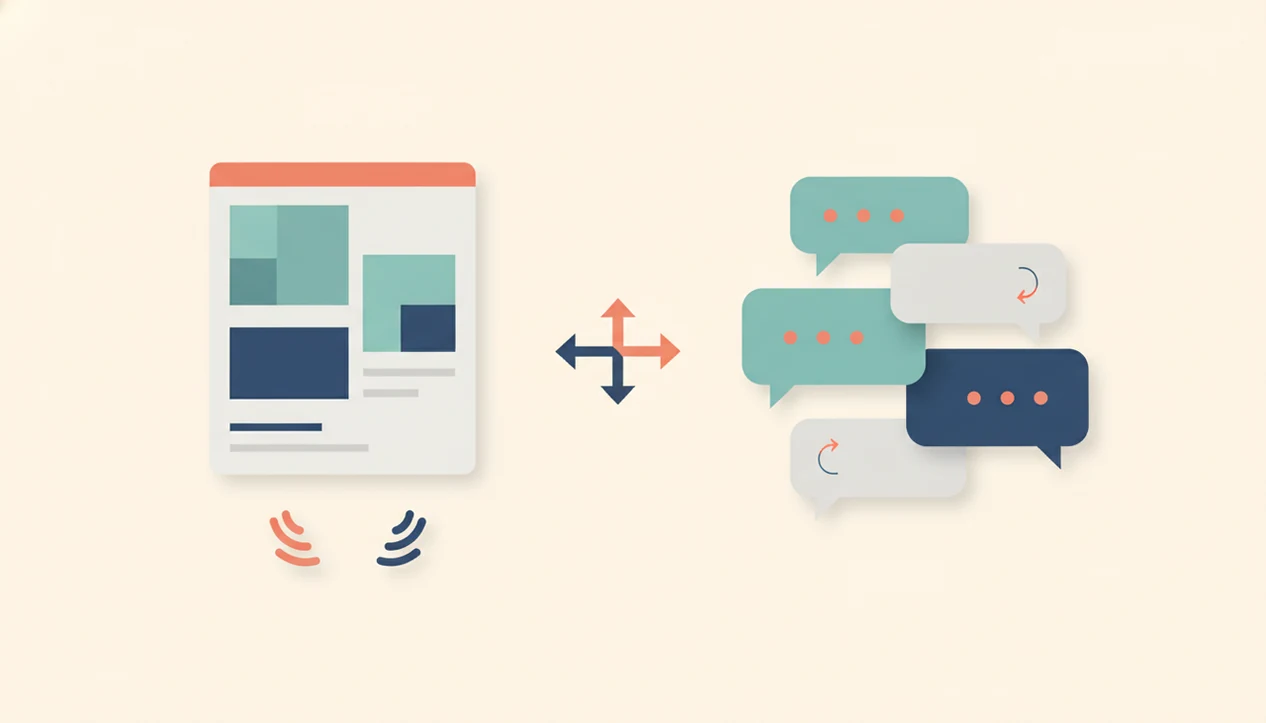 A split illustration compares a dating profile card with chat bubbles at a central decision fork.