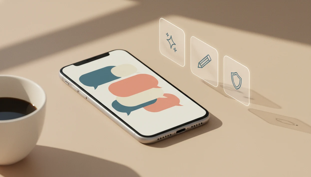 A phone with abstract chat bubbles and floating suggestion cards for editing and safety checks.