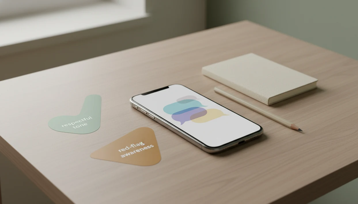 A phone with abstract chat bubbles sits beside notes and subtle tone-check symbols on a desk.