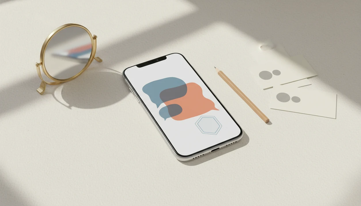 A phone with abstract chat bubbles, profile cards, a pencil, mirror, and shield suggests AI dating help.