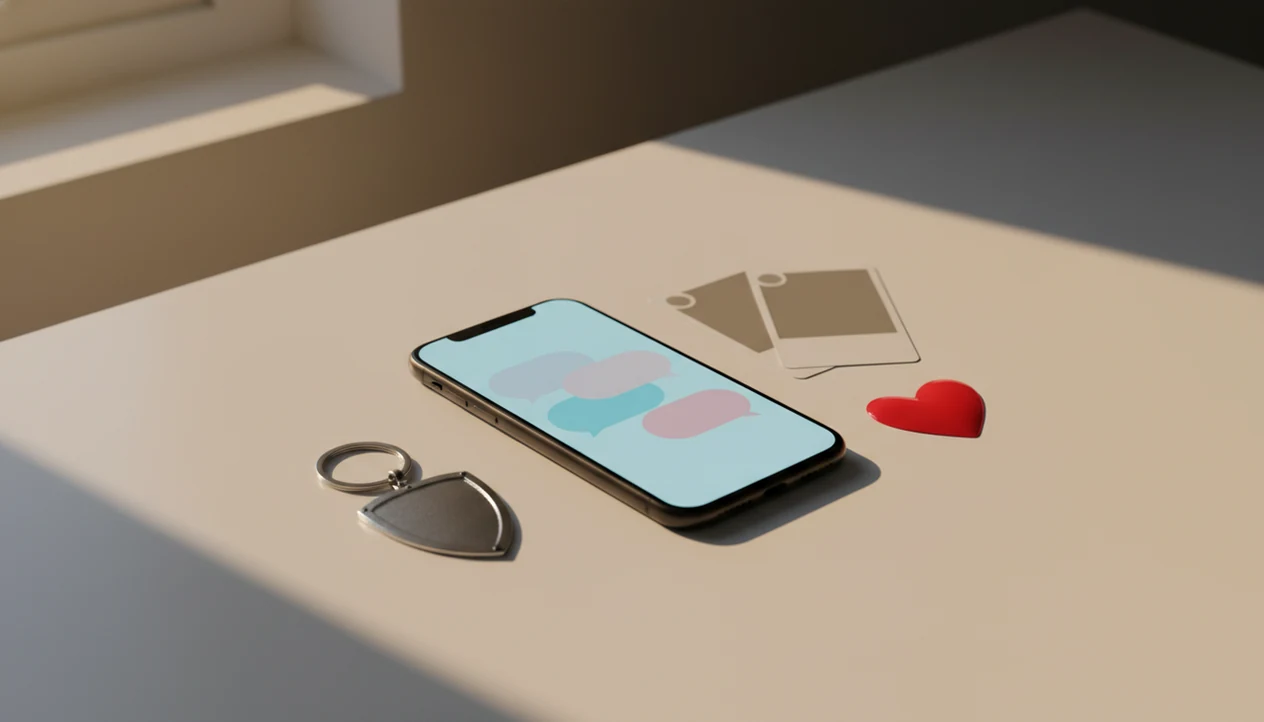 A phone with abstract chat bubbles sits beside dating cards, a heart sticker, and a shield keychain.