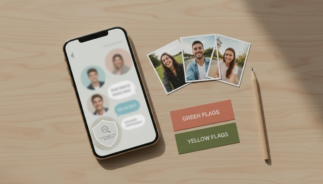 A desk flat lay shows profile photos, a phone, and a small shield symbol for honest dating profile review.