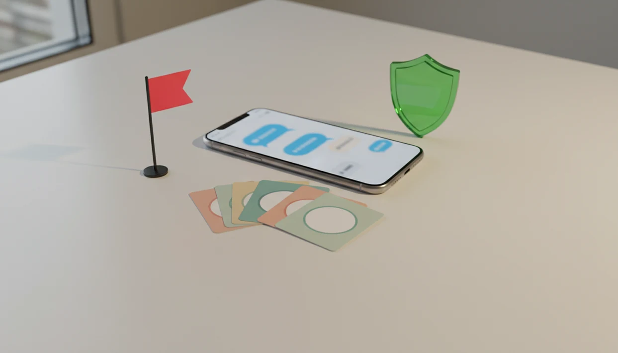 A phone with blurred dating chat bubbles beside safety and profile cues on a clean desk.