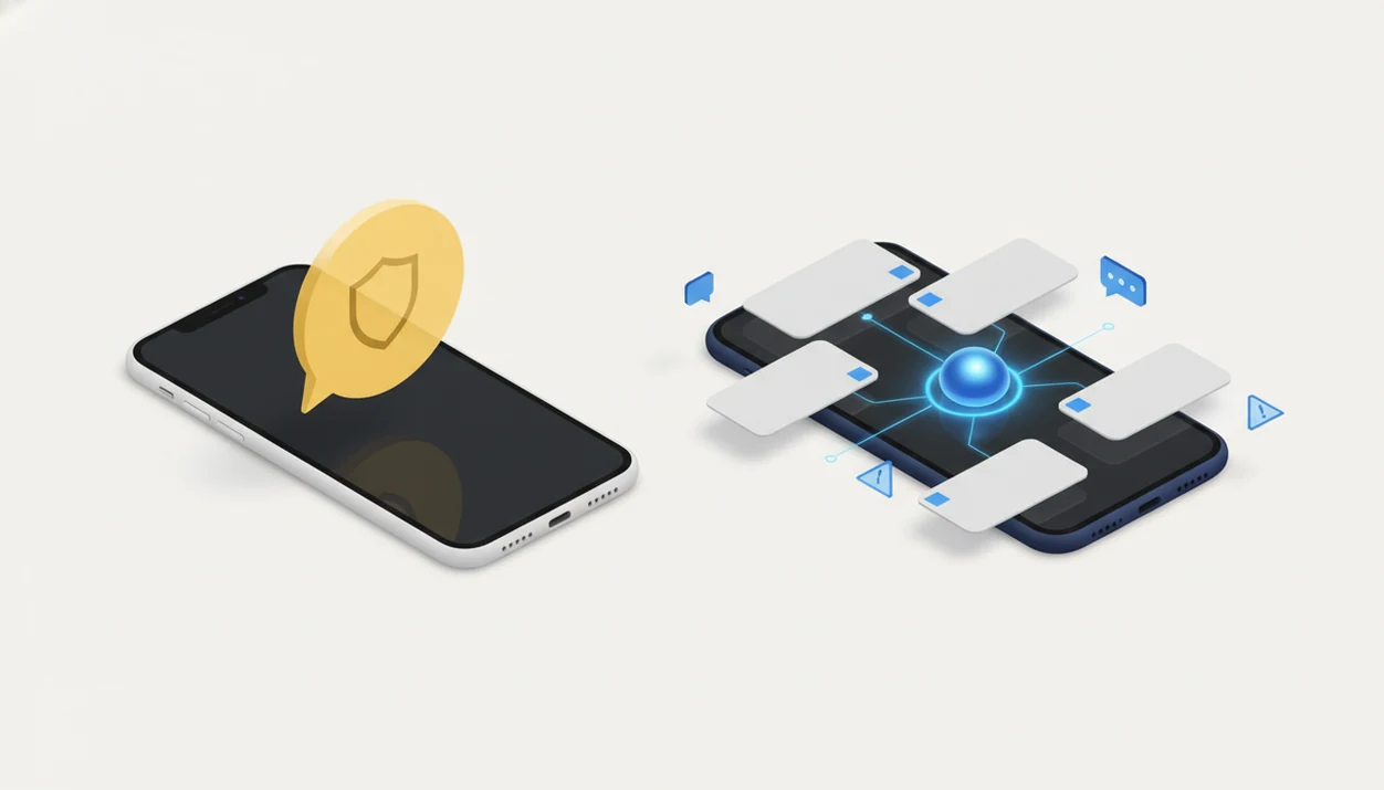 Two smartphones compare built-in dating app AI with a cross-platform AI dating assistant.