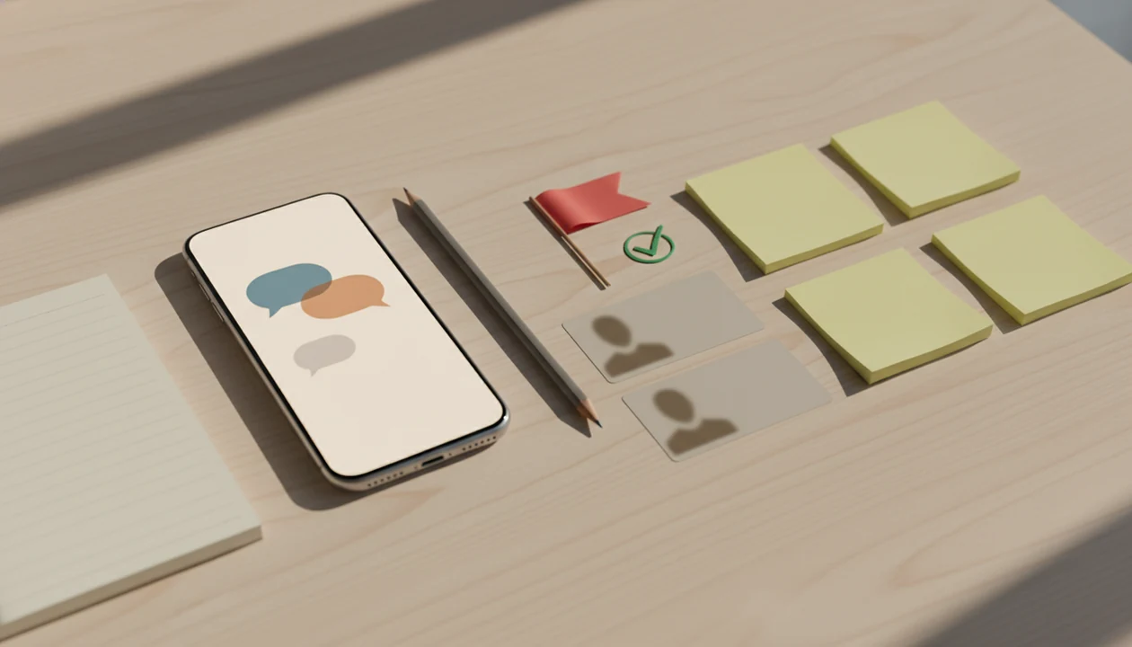 A phone on a desk surrounded by notes and symbols for drafting safer Bumble replies.