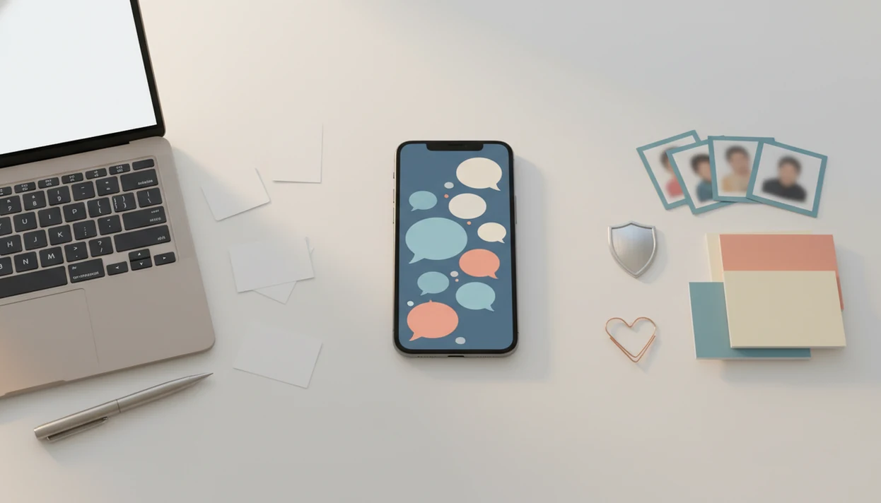 A phone sits between general AI writing tools and dating assistant cues on a clean desk.