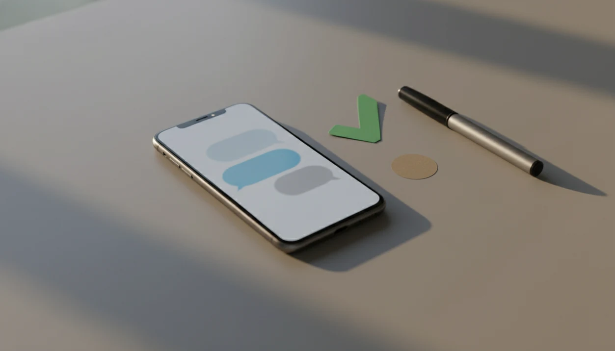 A phone with blurred chat bubbles sits beside simple check and caution markers on a calm desk.