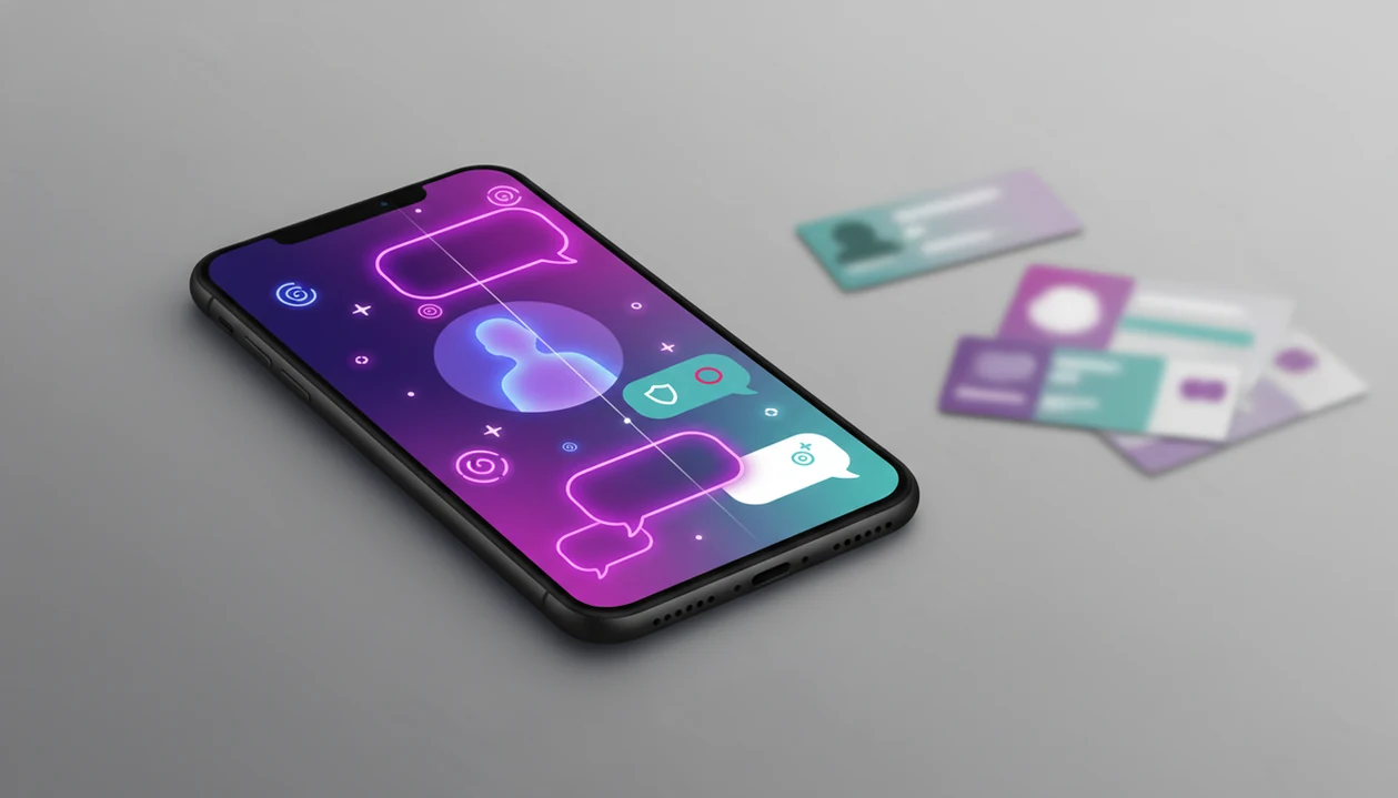 A split smartphone illustration contrasts fantasy AI chat with safer real dating message help.