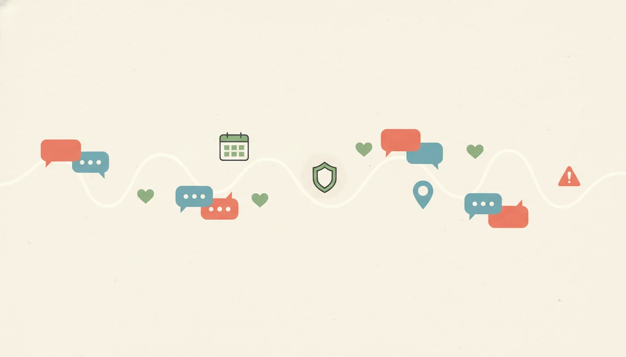 A calm illustrated timeline of dating chat bubbles, safety symbols, and a first date cue.