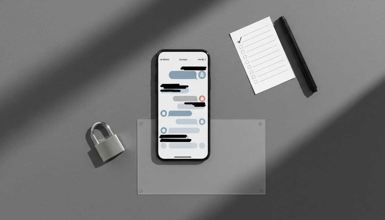 A phone screenshot is cropped and redacted on a desk with privacy tools nearby.