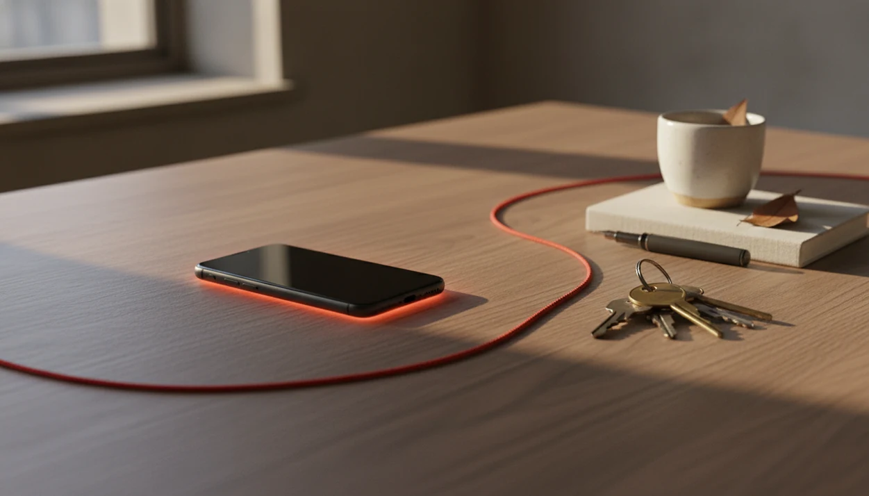 A phone rests face down behind a red cord boundary beside keys, a notebook, and warm window light.