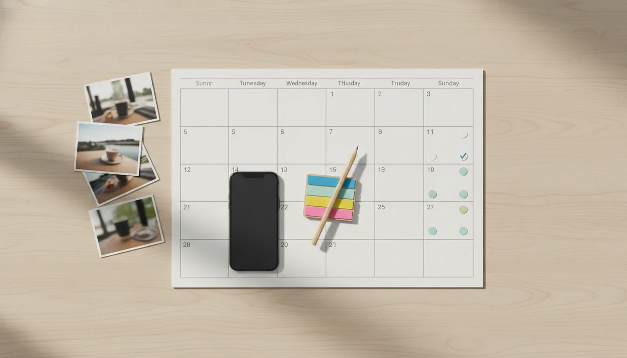 A desk flat lay shows a blank calendar, profile photo prints, sticky tabs, and tracking marks for profile updates.