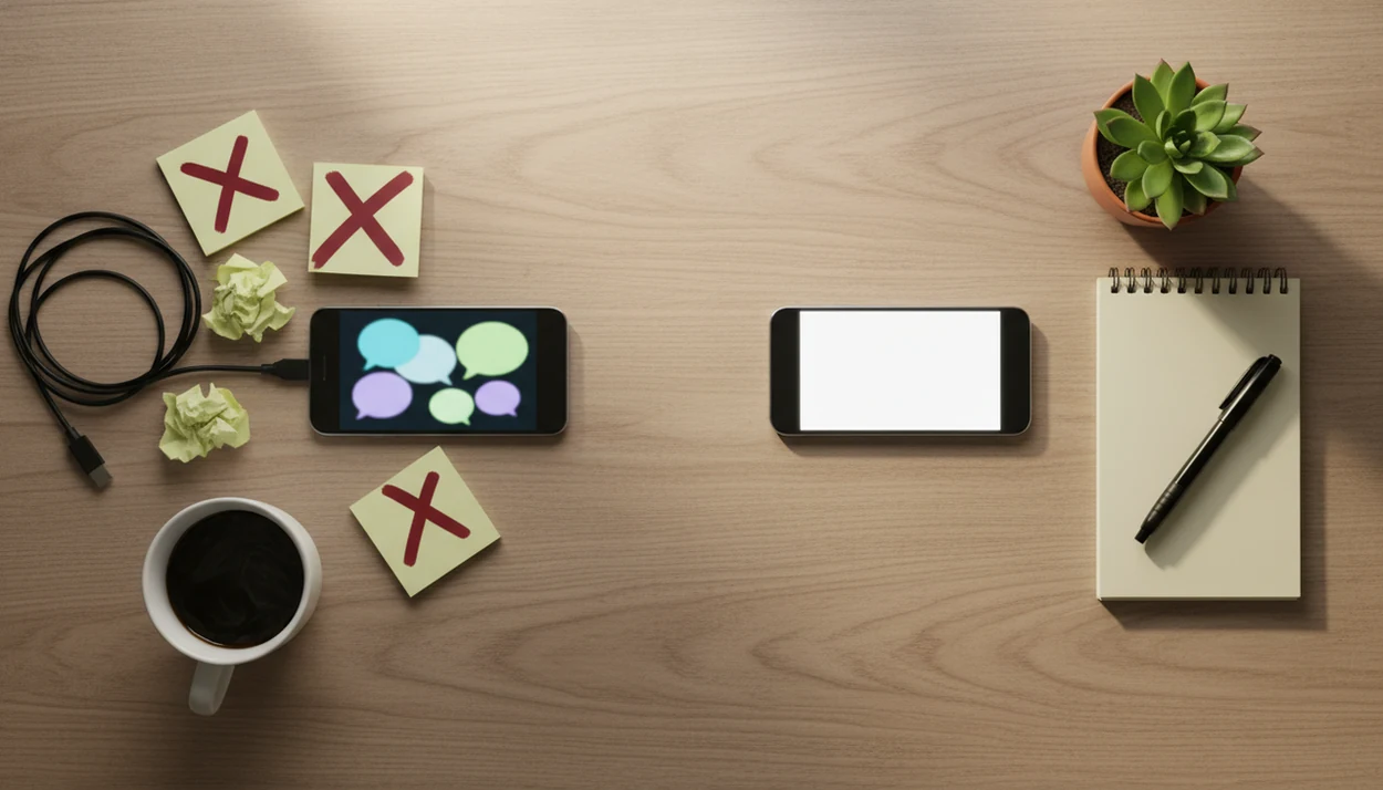 A split desk scene contrasts anxious dating texts with calmer, more intentional message drafting.