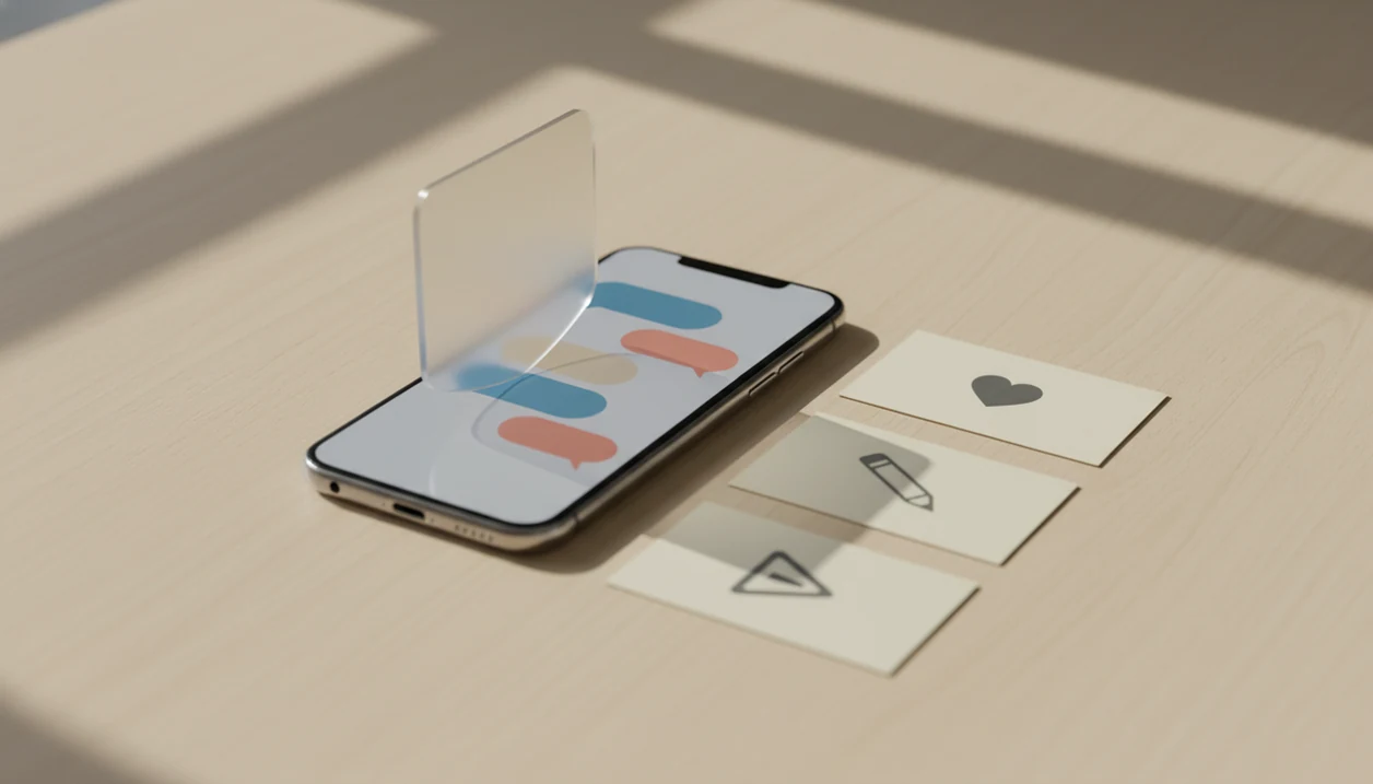 A phone, cue cards, and a clear shield symbolize AI help with dating replies, profiles, and safety.