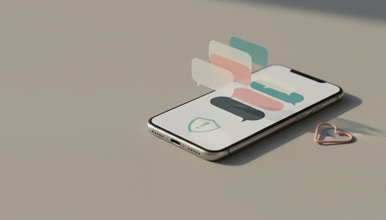 A smartphone with abstract chat bubbles, reply cards, a heart accent, and a safety shield on a soft desktop.