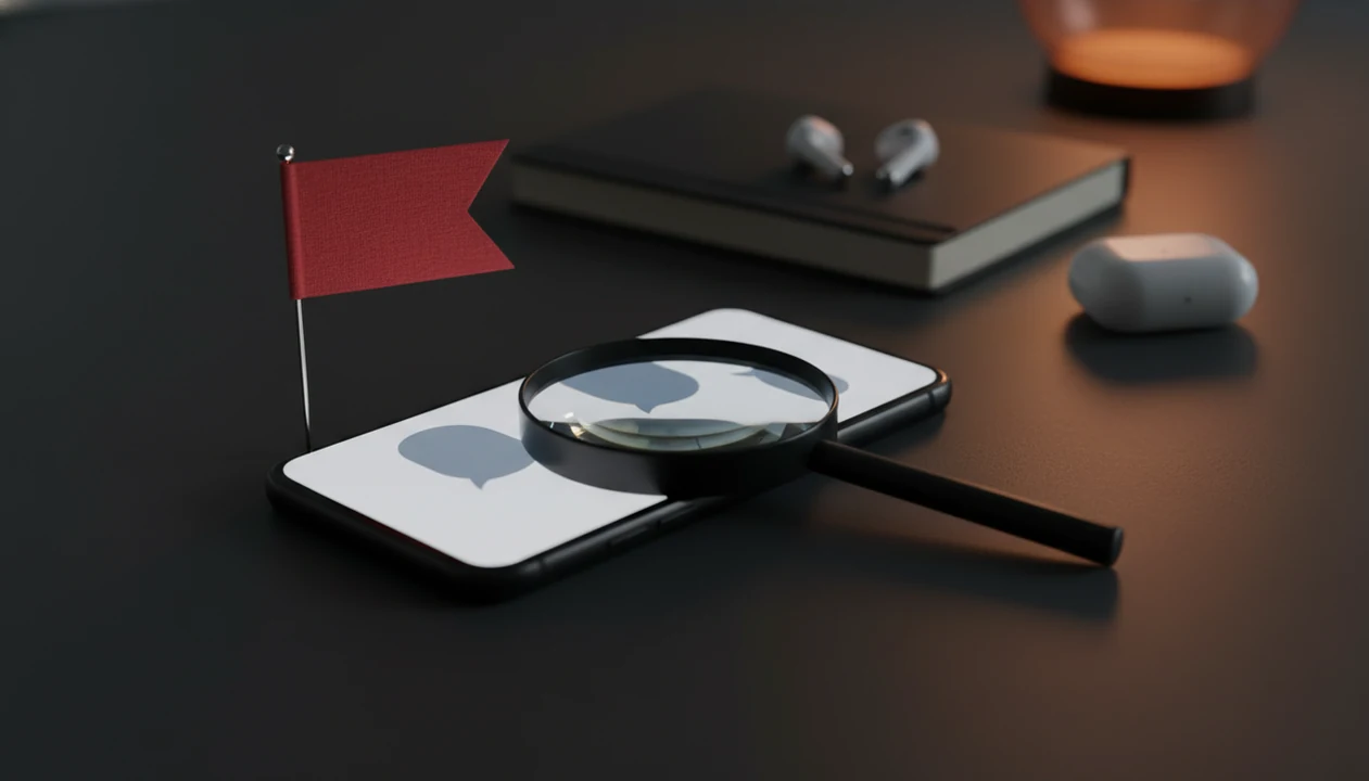 A phone with blurred chat bubbles sits beside a magnifying glass and red warning flag on a desk.