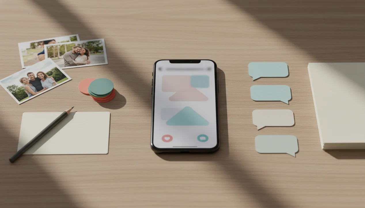 A tidy desk shows a phone, profile photos, prompt cards, and chat symbols arranged for dating app improvement.