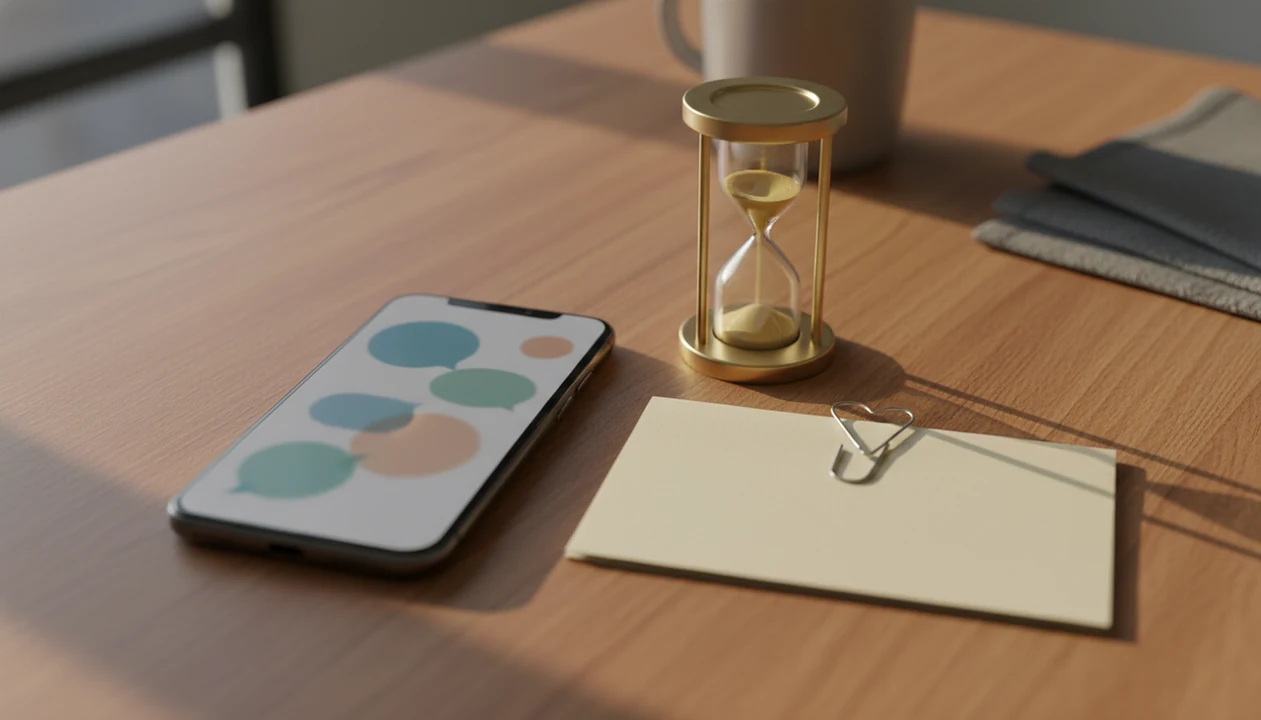 A phone, hourglass, and single note on a table suggest waiting before sending one follow-up text.