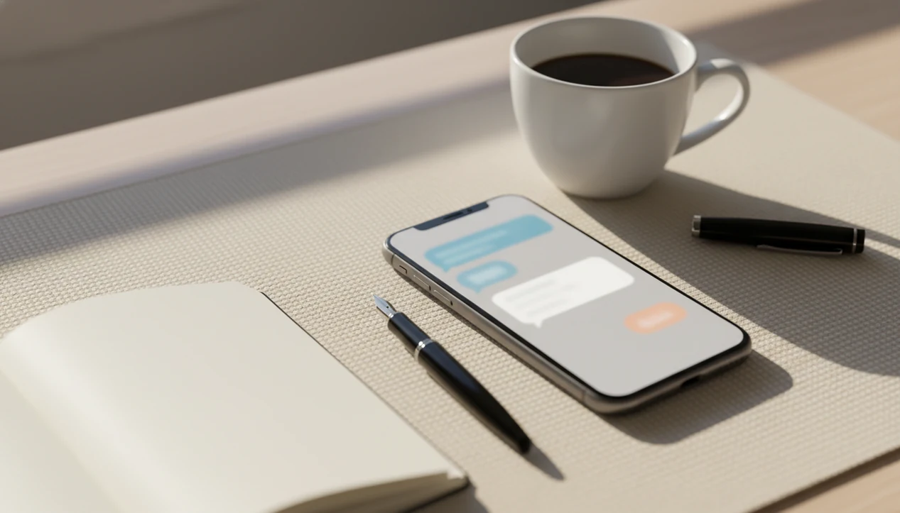 A phone on a desk shows blurred chat bubbles beside a notebook, suggesting AI help with dating replies.