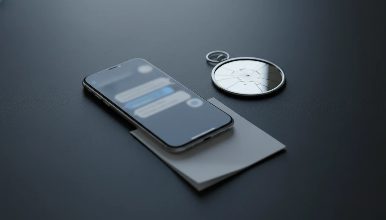 A phone with blurred message bubbles sits beside a cracked mirror on a dark desk.