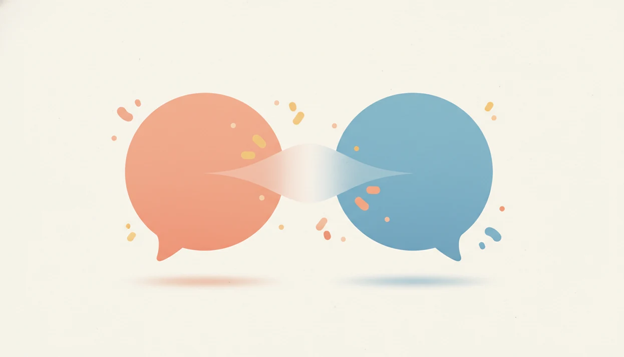 Abstract chat bubbles face each other across a soft boundary, suggesting respectful flirting.