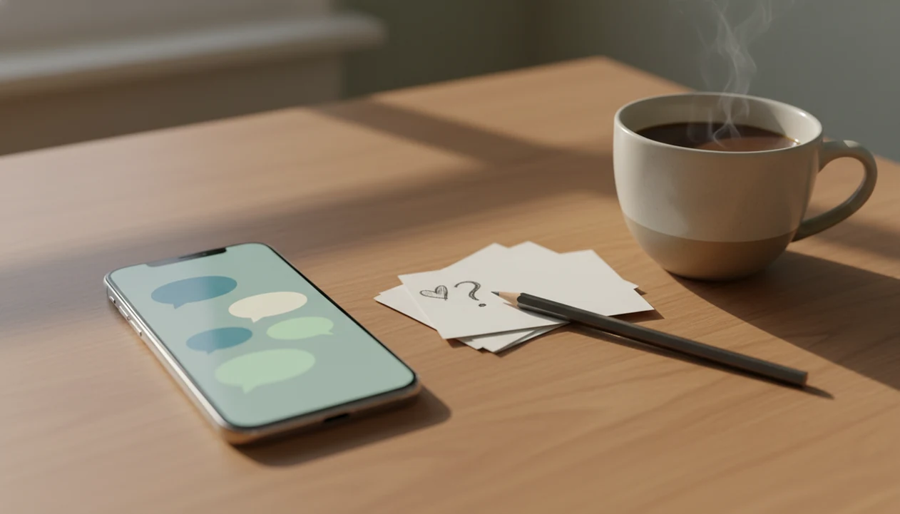 A phone, blank prompt cards, and a pencil on a desk suggest editing Hinge answers for better replies.