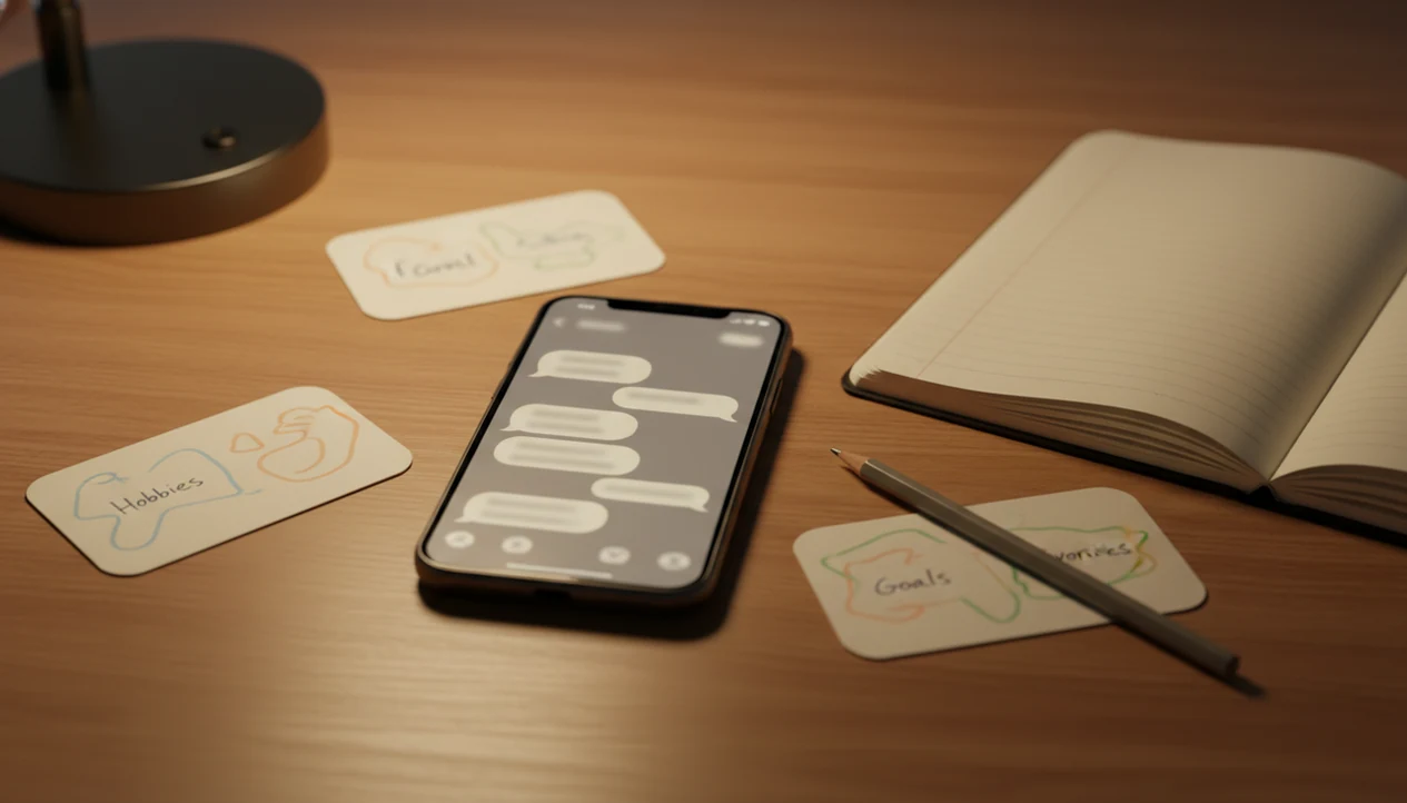 A phone, blank prompt cards, pencil, and notebook arranged on a desk for drafting Hinge replies.