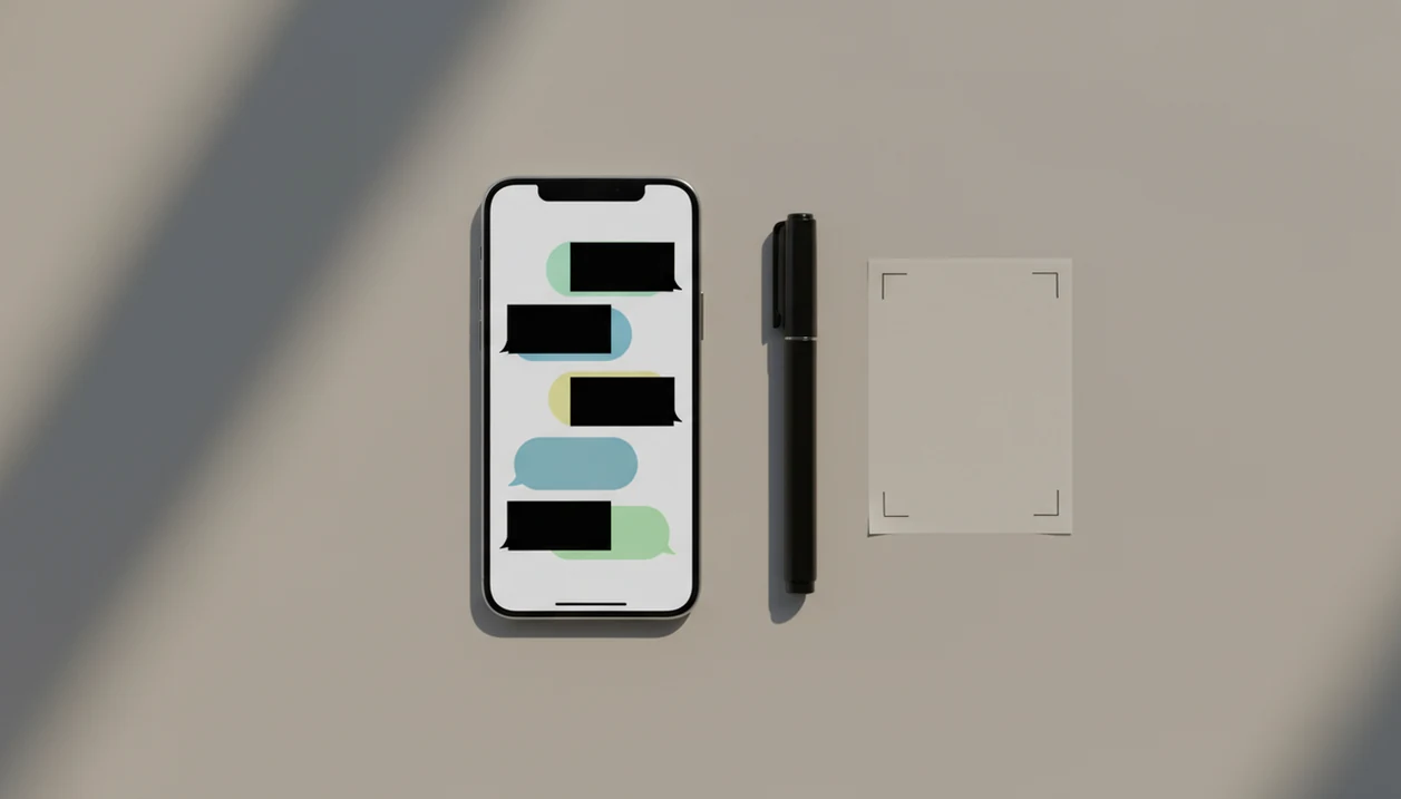 A phone with abstract redacted chat shapes beside a privacy marker on a clean desk.