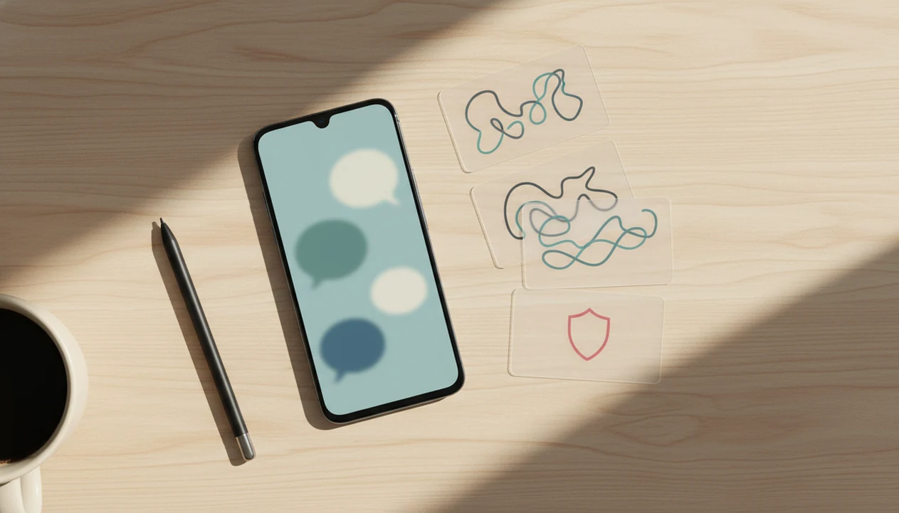 A phone with blurred dating chat bubbles sits beside abstract AI reply and safety cards on a desk.
