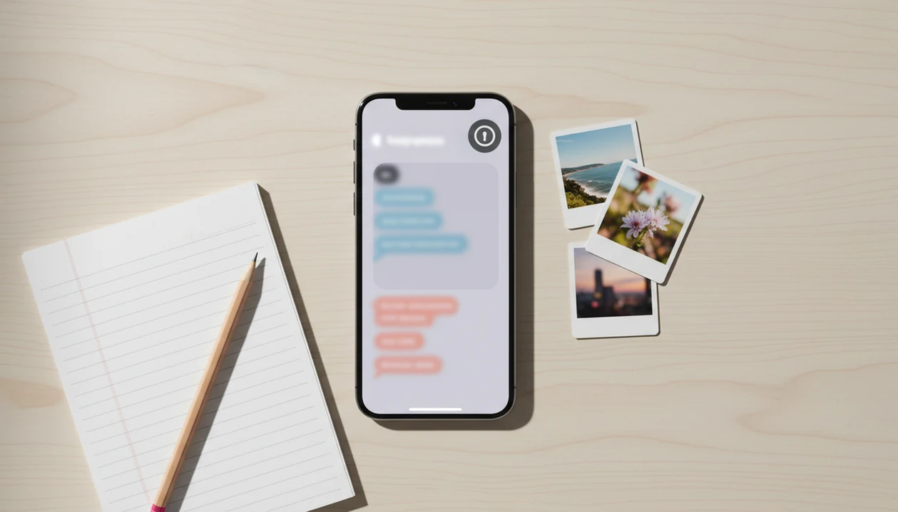 An iPhone with abstract chat bubbles sits beside photos, a pencil, and a privacy sticker on a clean desk.