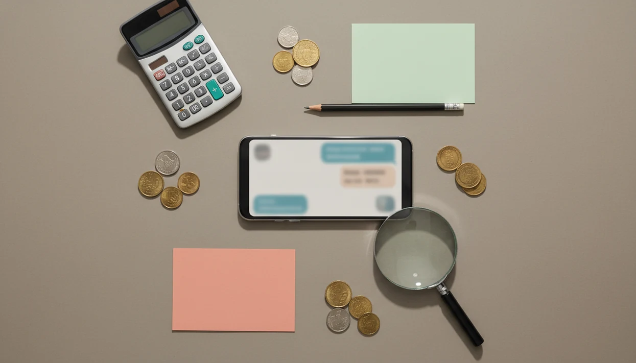 A phone, calculator, coins, and magnifying glass suggest weighing the value of an AI dating assistant.