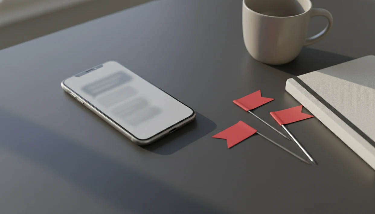 A blurred phone chat beside small red warning flags on a dark tabletop suggests pausing before replying.
