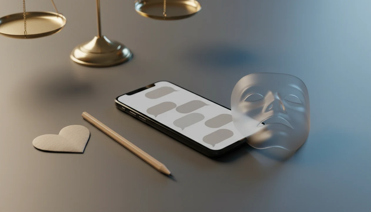 A phone with blank chat bubbles sits beside a pencil, paper heart, mask, and balance scale.
