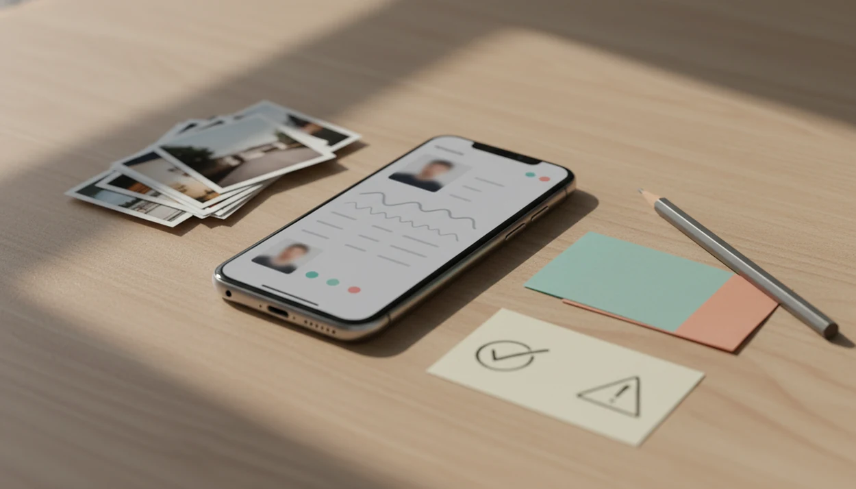 A desk flat lay shows a phone, photo prints, and blank notes arranged like a private dating profile review.