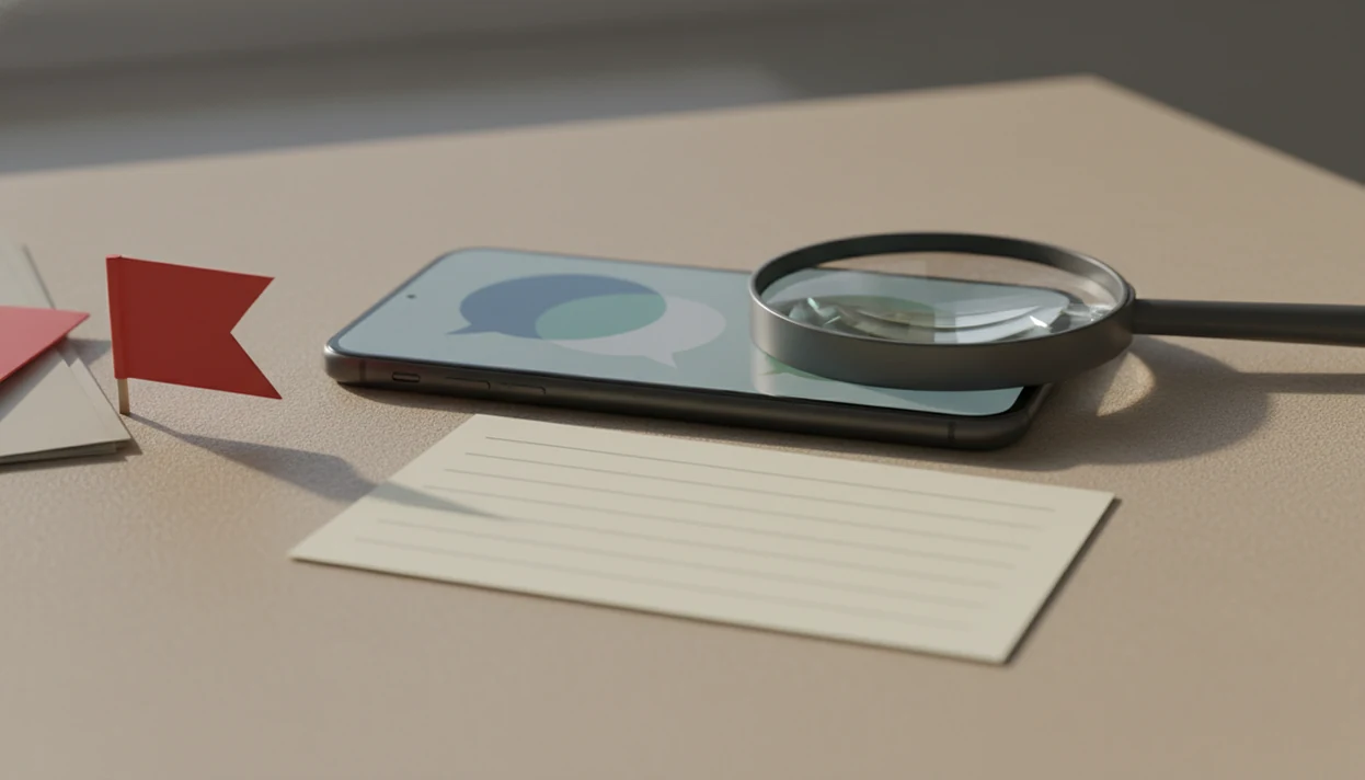 A phone with blurred chat bubbles sits beside a magnifying glass and small red flag marker.