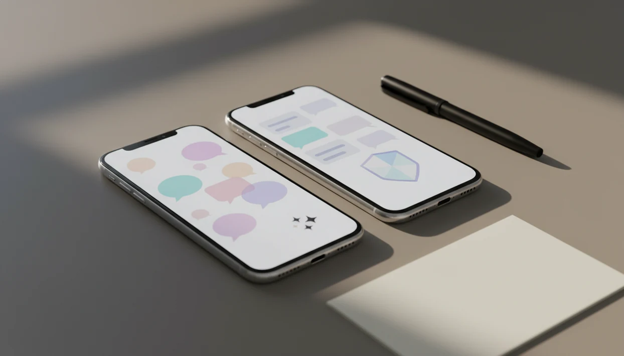 Two phones on a desk compare AI dating replies with profile help and safety signals.