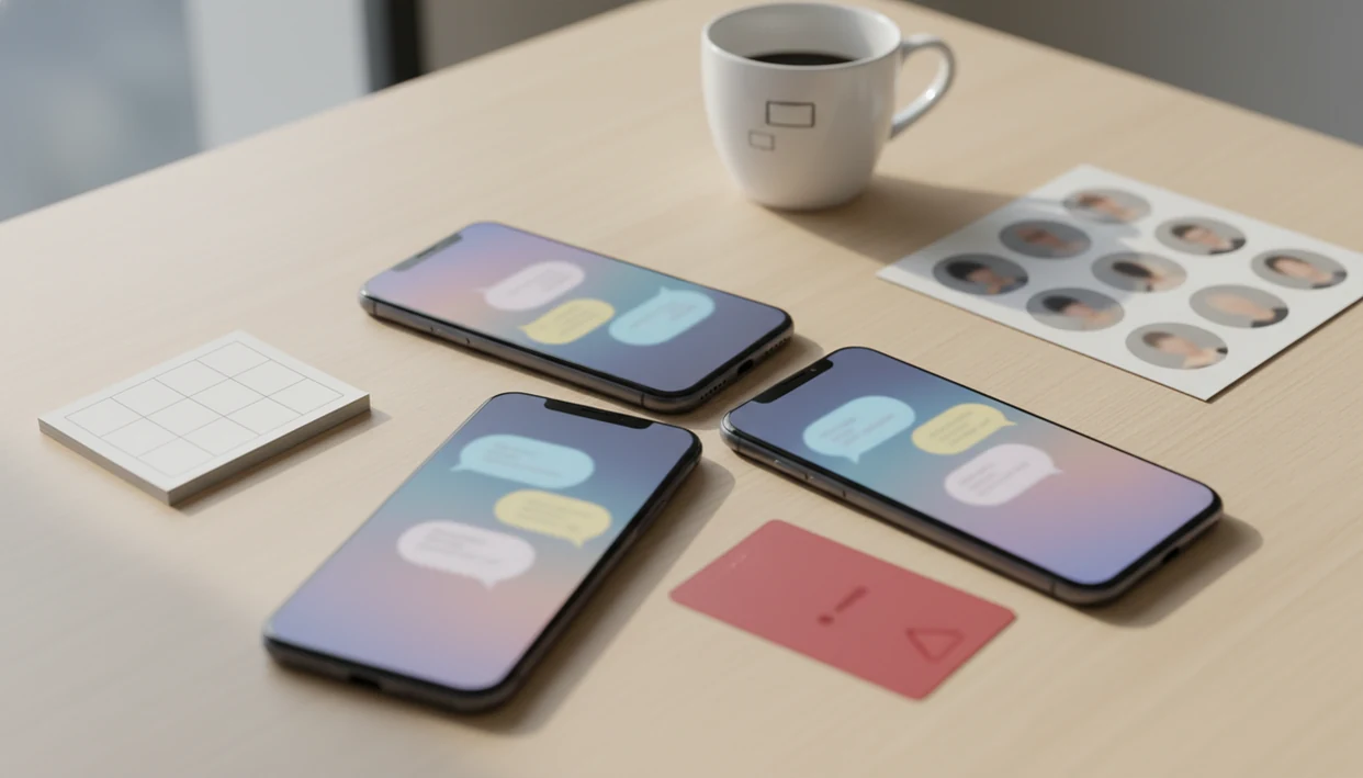 Three phones with blurred dating chats sit on a desk, suggesting a comparison of AI dating assistant apps.