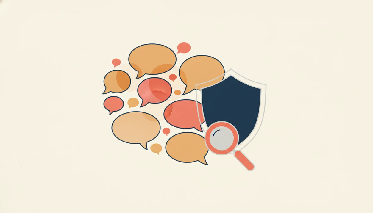 An abstract chat illustration shows highlighted message bubbles being checked by a shield and magnifying glass.