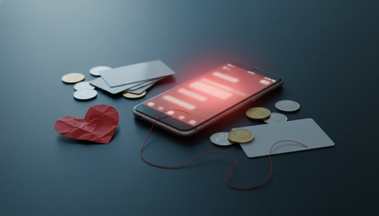 A phone with blurred dating messages sits beside gift cards, coins, and a crumpled paper heart.