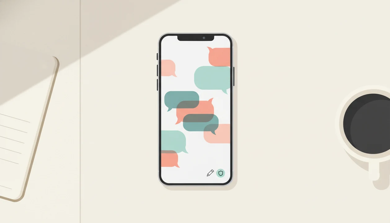 An illustrated phone shows blank chat bubbles with edit and safety symbols on a calm desk.