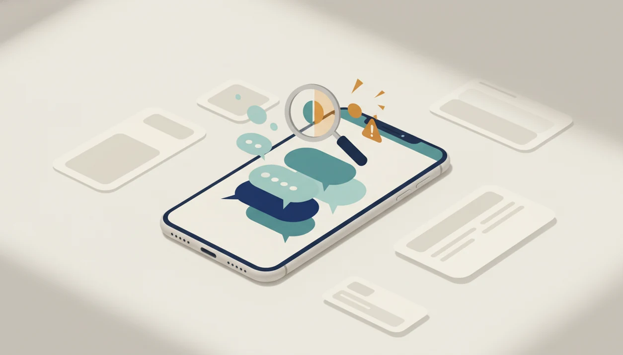 A phone chat is examined by a magnifying lens with reply cues and warning markers around it.