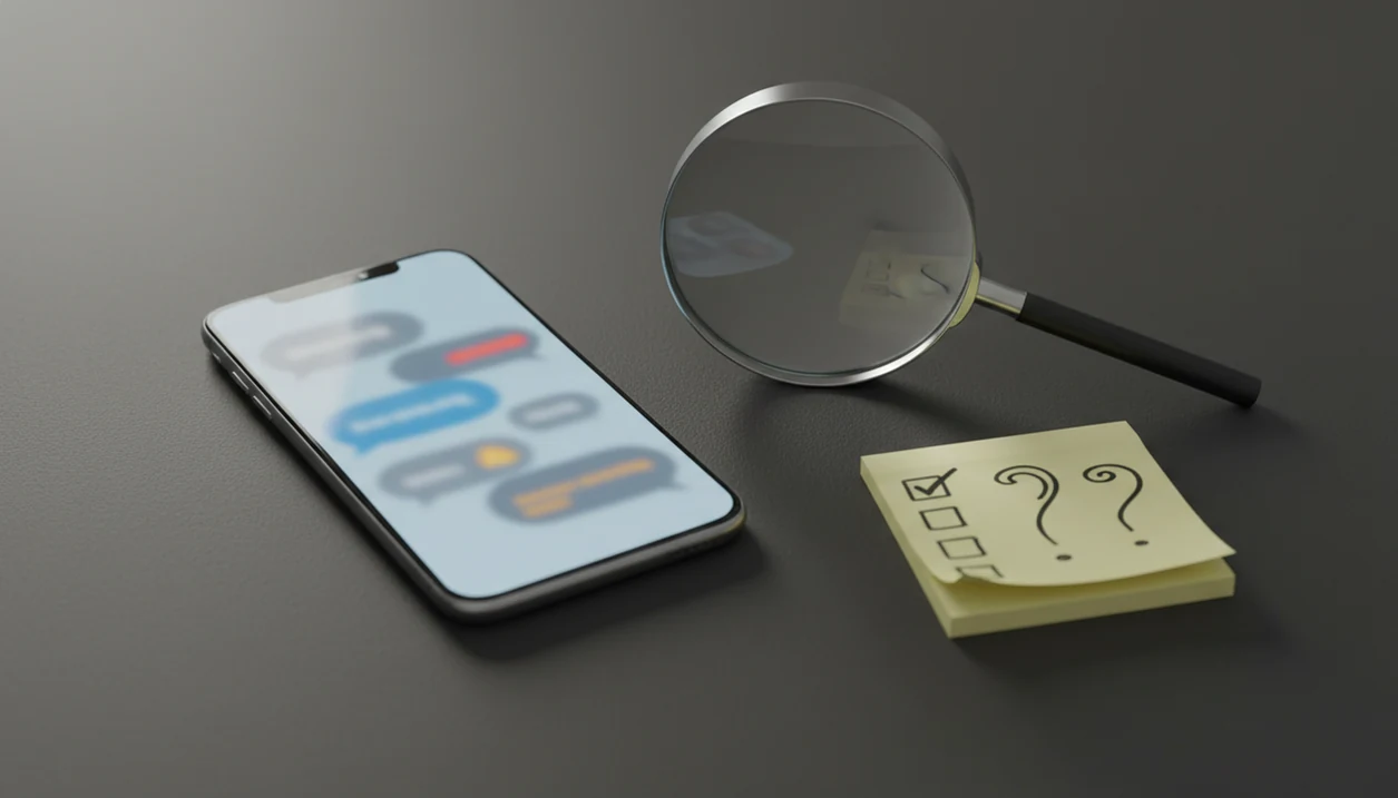 A phone with blurred chat bubbles under a magnifying glass suggests the limits of AI text analysis.