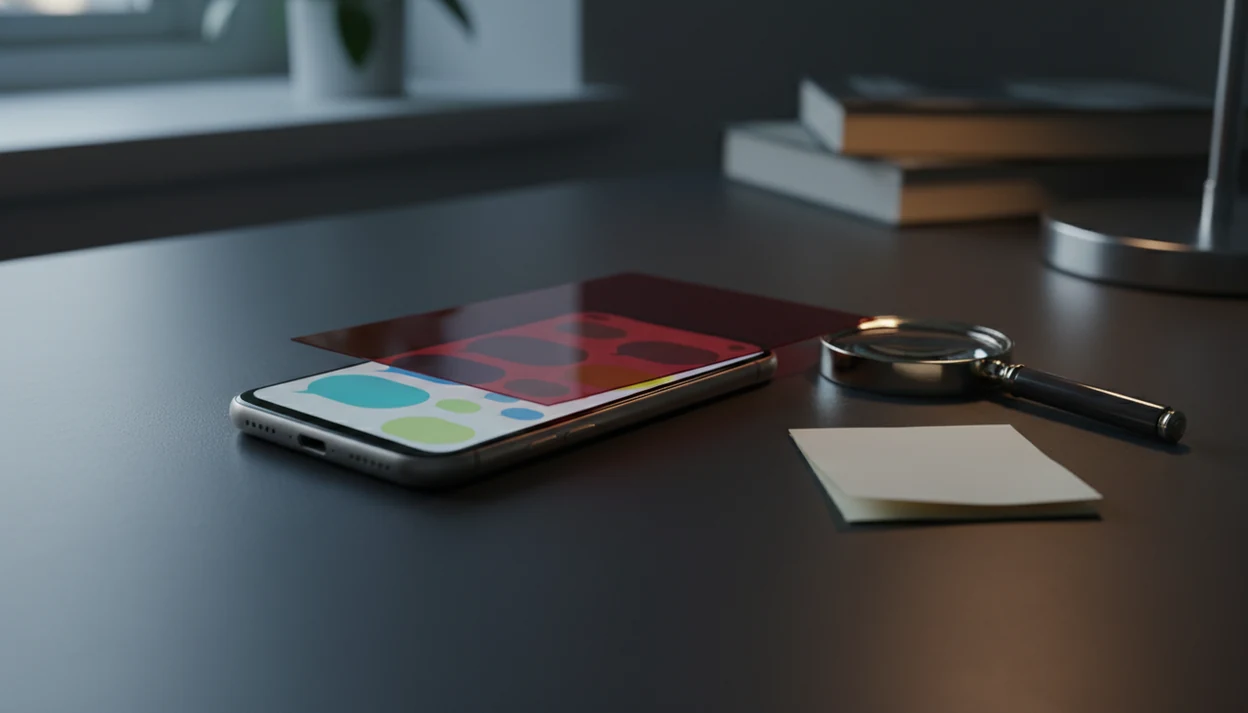 A phone with abstract chat bubbles sits under a red filter beside a magnifying glass on a dark desk.