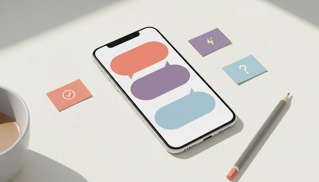 A phone surrounded by simple cards and icons suggesting how to craft a better Tinder reply.